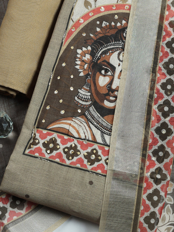 Printed Linen Blend Unstitched Suit With Pant &amp; Dupatta