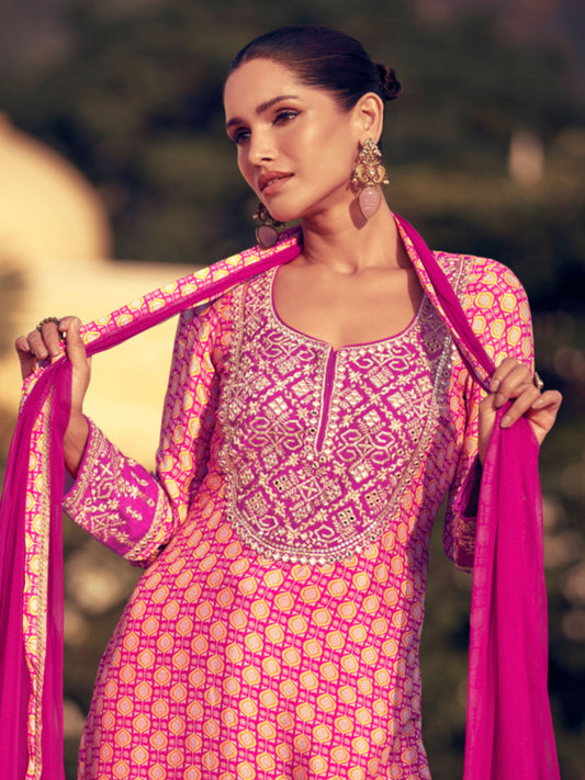 Sequins Embroidery Chinnon Kurta With Sharara And Dupatta