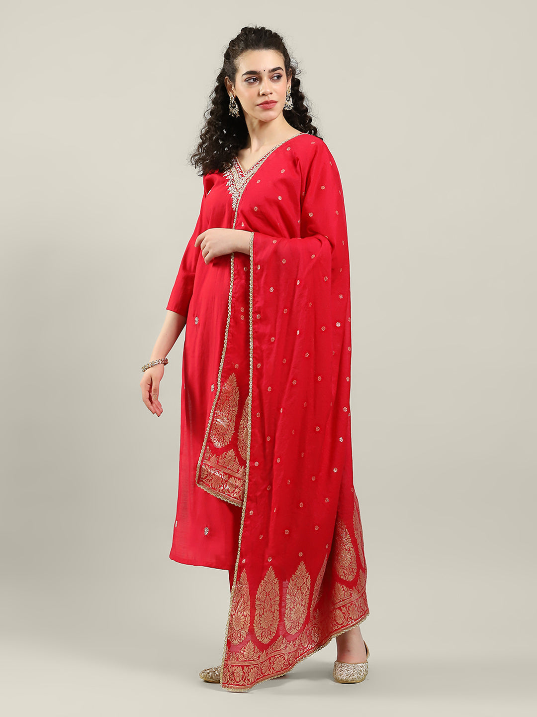 Embroidered Cotton Blend Kurta With Pants & Dupatta