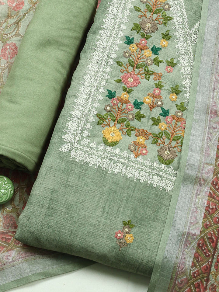 Embroidered Linen Unstitched Kurta With Pant &amp; Dupatta