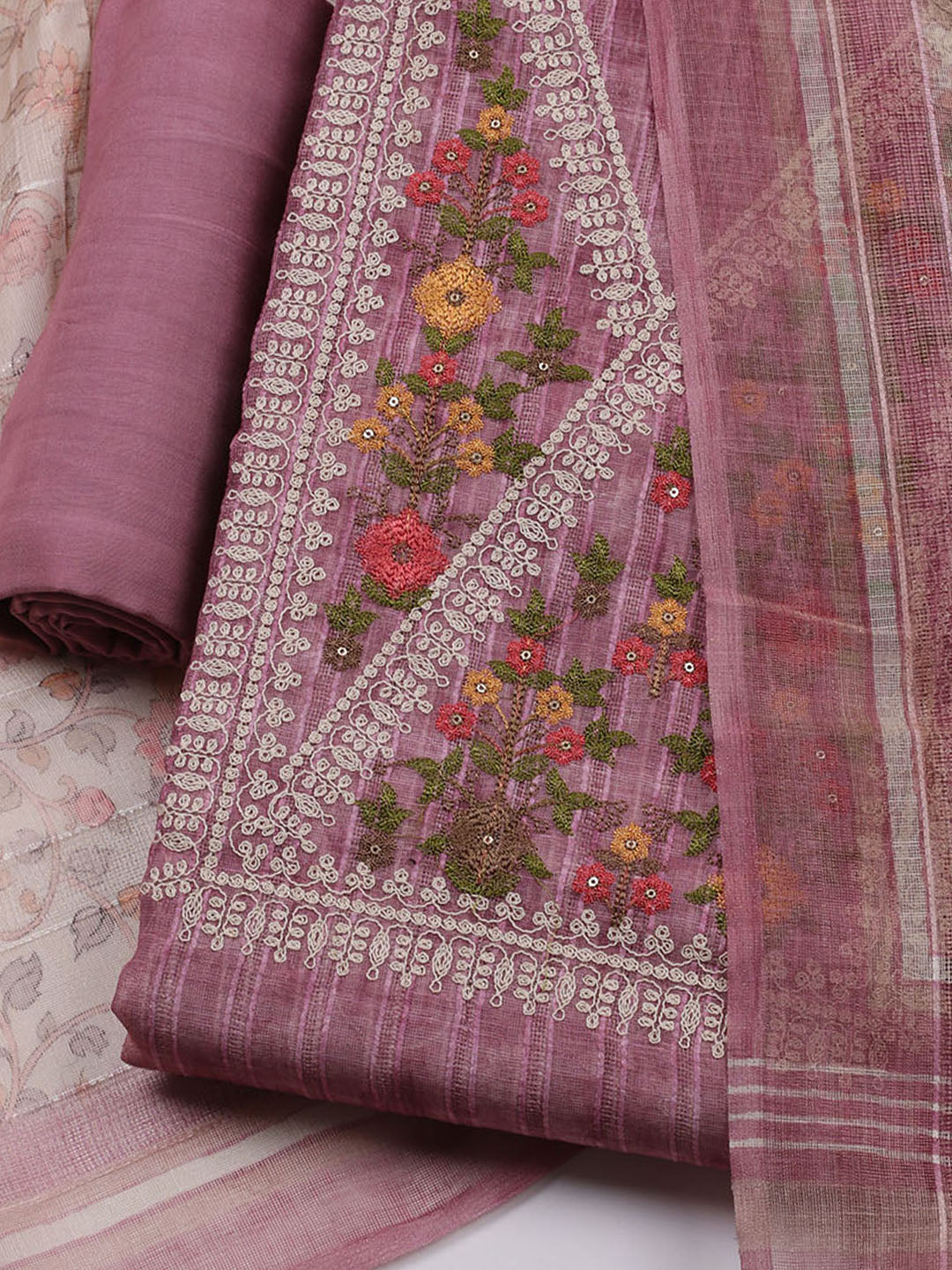 Embroidered Linen Unstitched Kurta With Pant & Dupatta