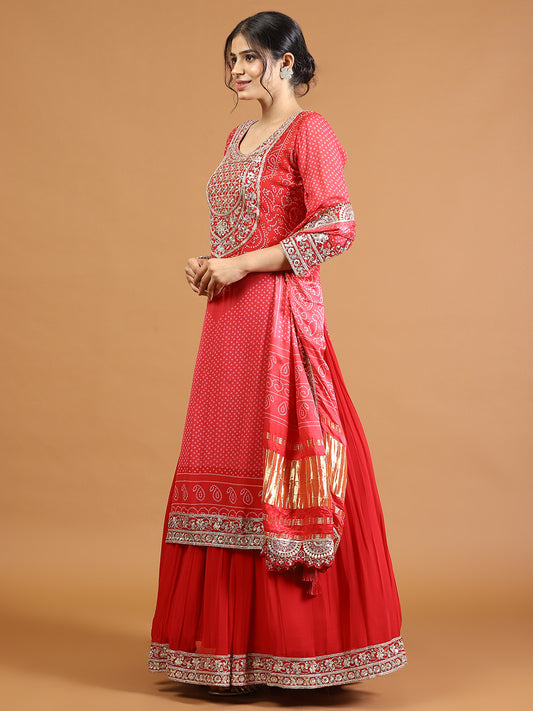 Bandhani Work Georgette Kurta With Lehenga & Dupatta