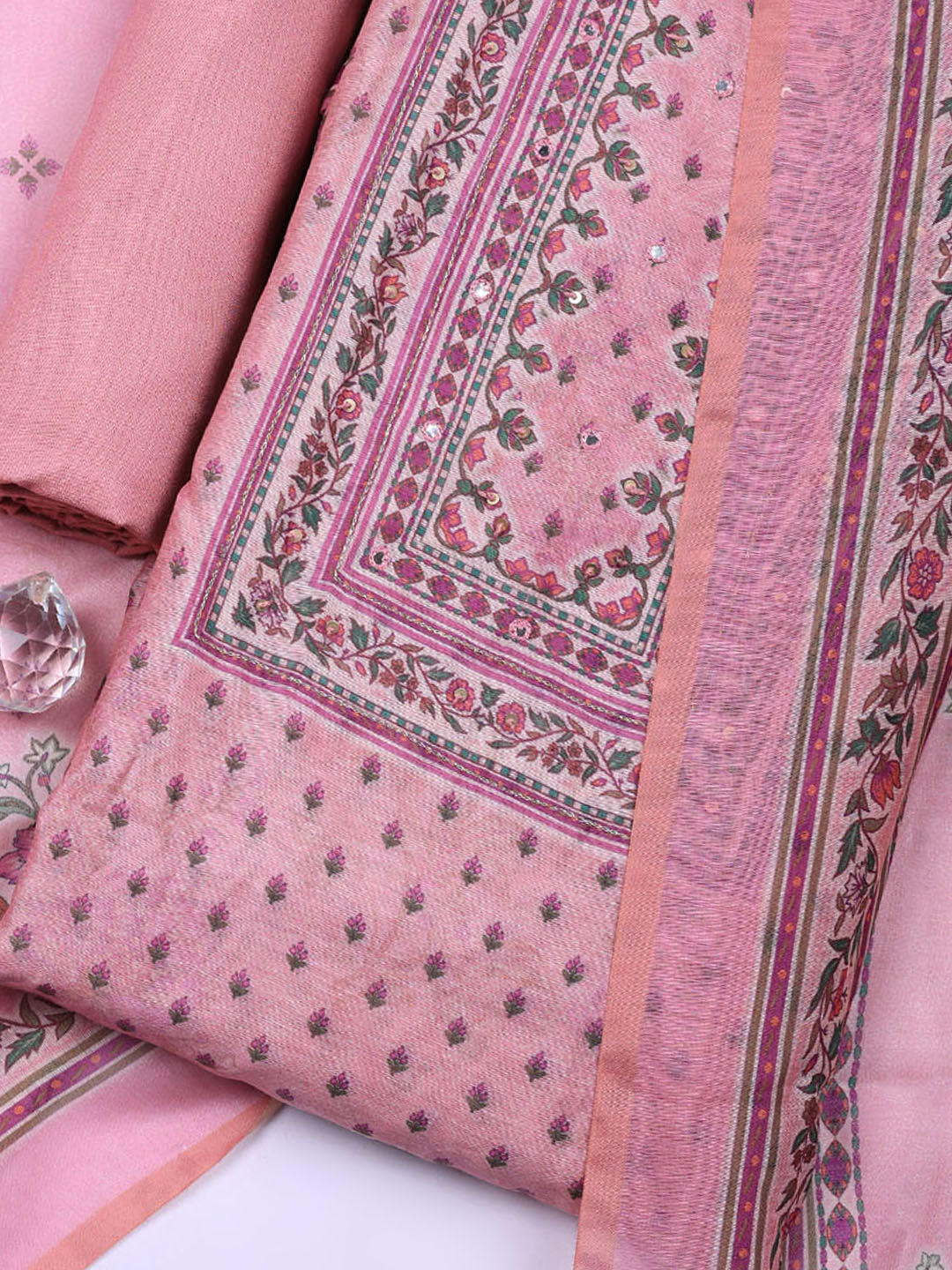 Embellished Chanderi Unstitched Suit With Pant &amp; Dupatta