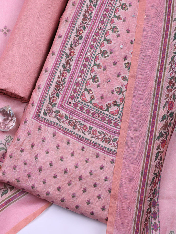 Embellished Chanderi Unstitched Suit With Pant &amp; Dupatta