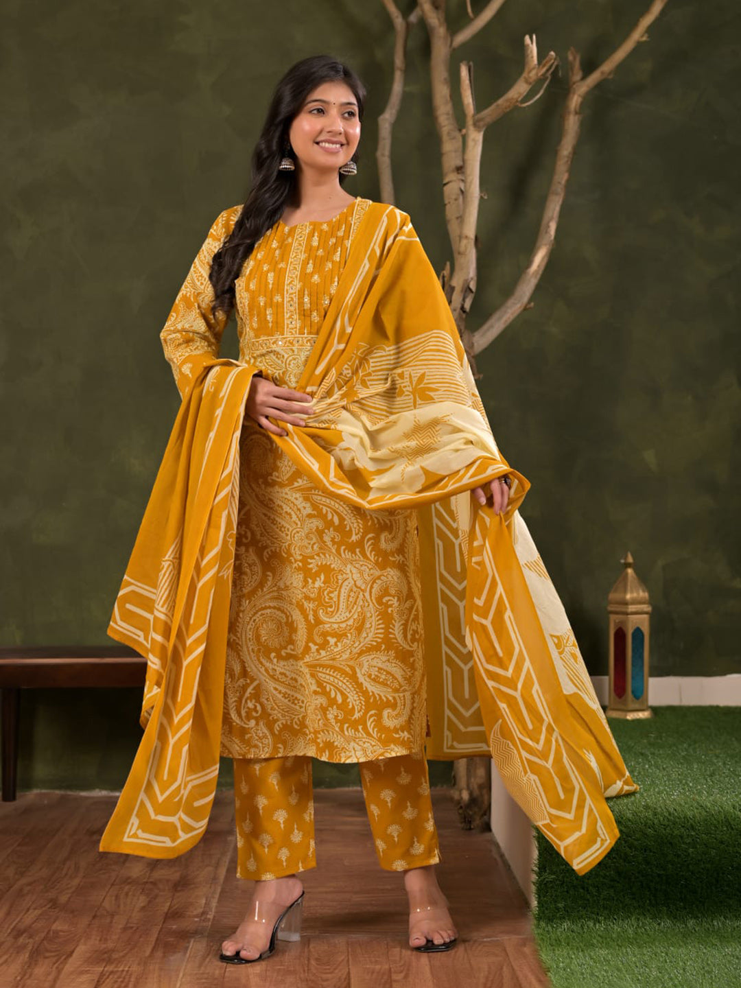 Yellow Embroidered Cotton Blend Straight Suit Set With Dupatta