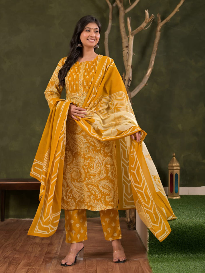 Yellow Embroidered Cotton Blend Straight Suit Set With Dupatta