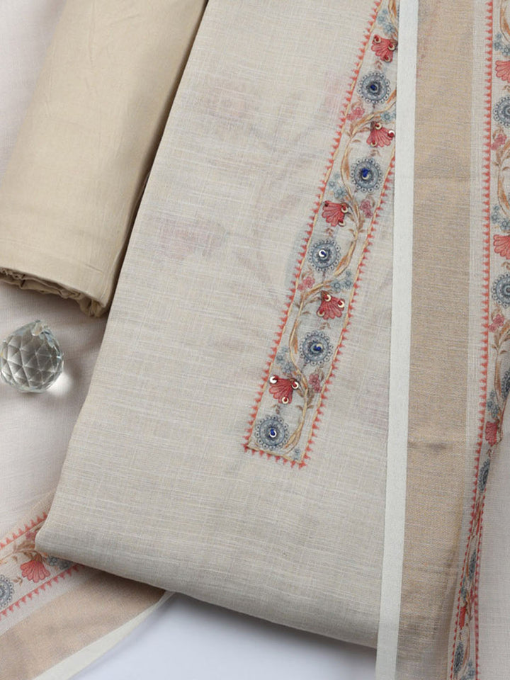 Printed Cotton Blend Unstitched Suit With Pant &amp; Dupatta
