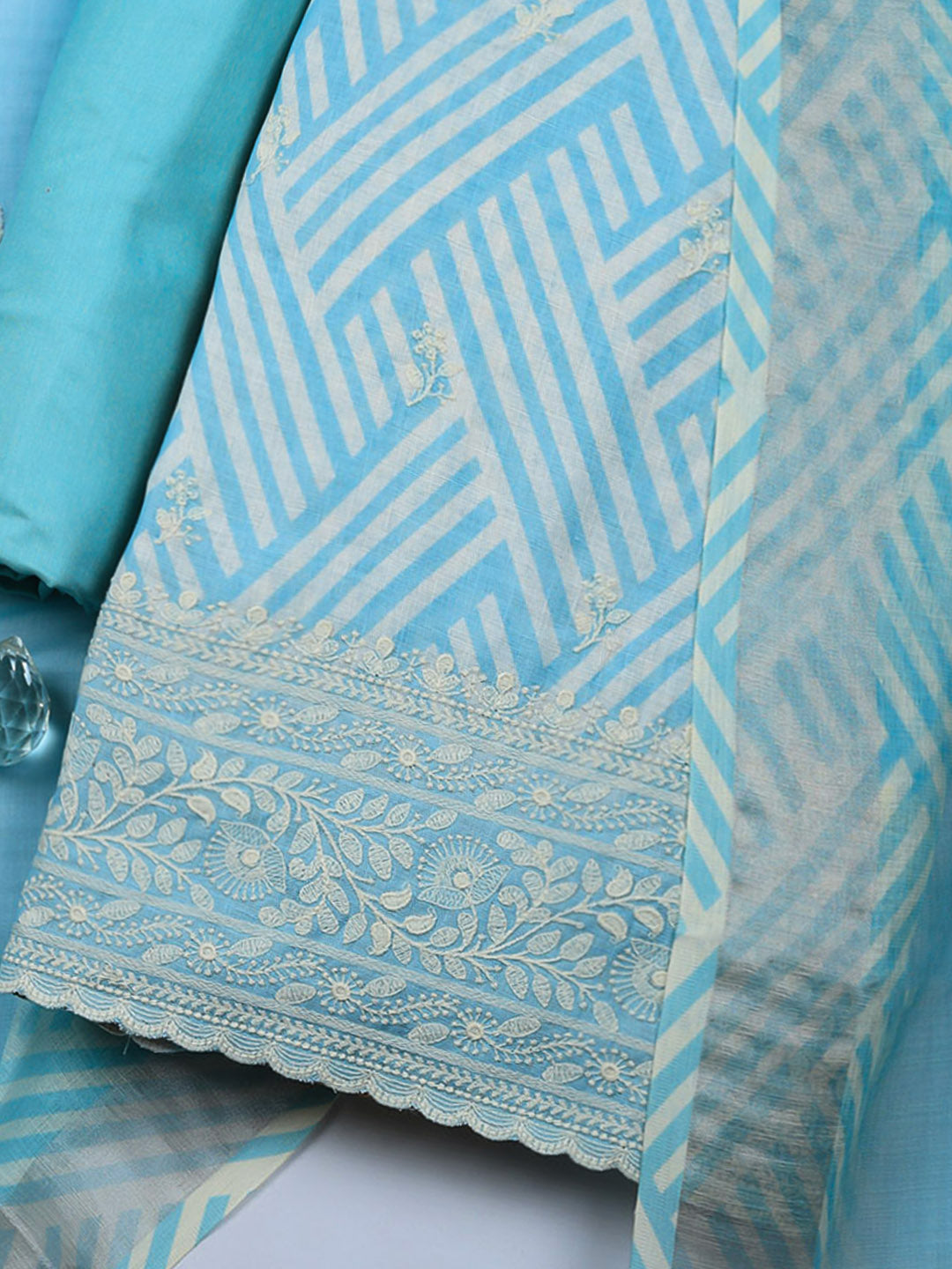 Embroidered Linen Blend Unstitched Suit With Pant &amp; Dupatta
