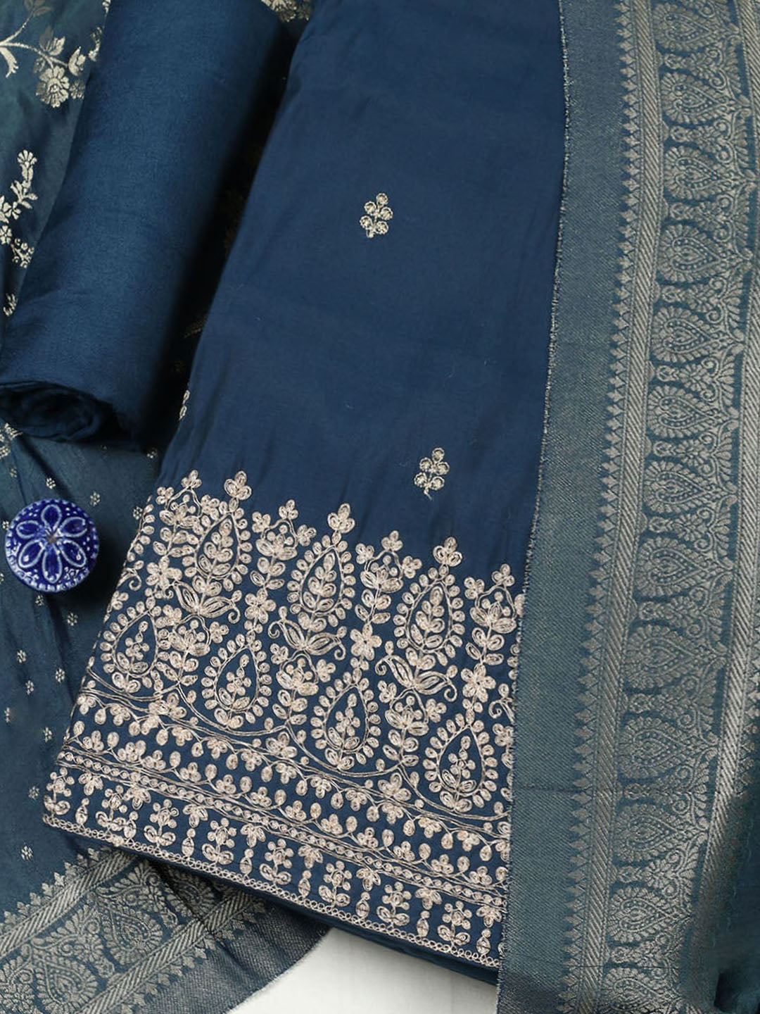 Embroidered Chanderi Unstitched Suit With Pant &amp; Dupatta
