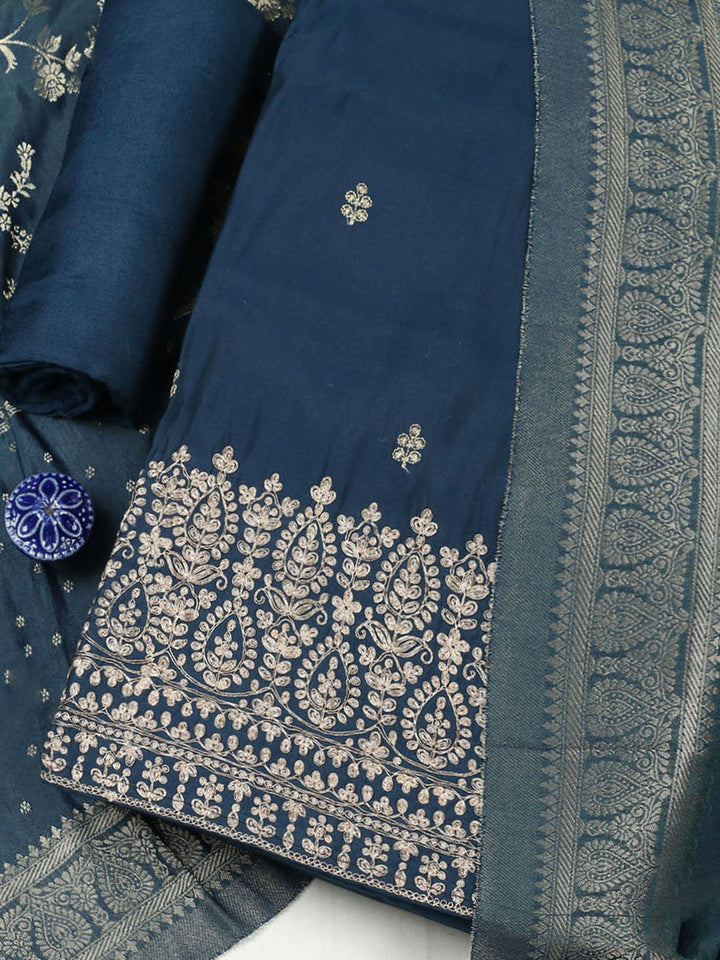 Embroidered Chanderi Unstitched Suit With Pant &amp; Dupatta