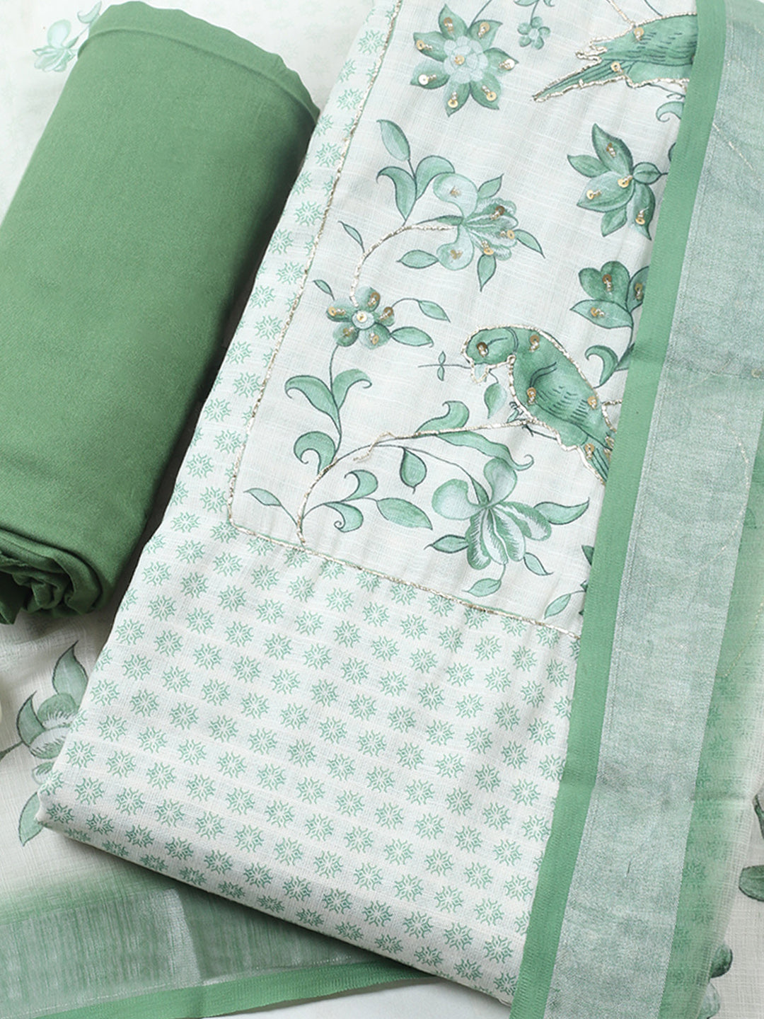 Printed Linen Blend Unstitched Suit With Pant &amp; Dupatta