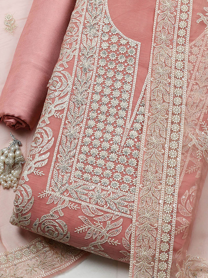 Embroidered Organza Unstitched Suit With Pant &amp; Dupatta