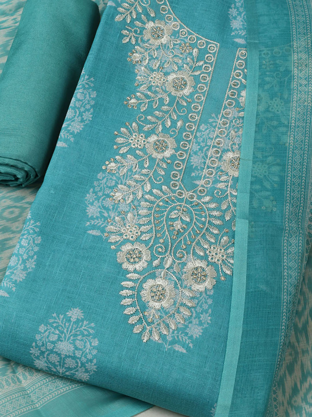 Embroidered Linen Blend Unstitched Suit With Pant &amp; Dupatta