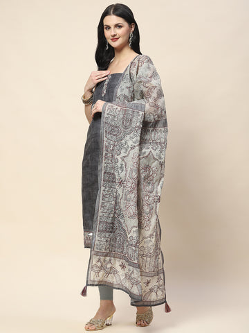 Kantha Work Printed Chanderi Unstitched Suit Piece With Dupatta