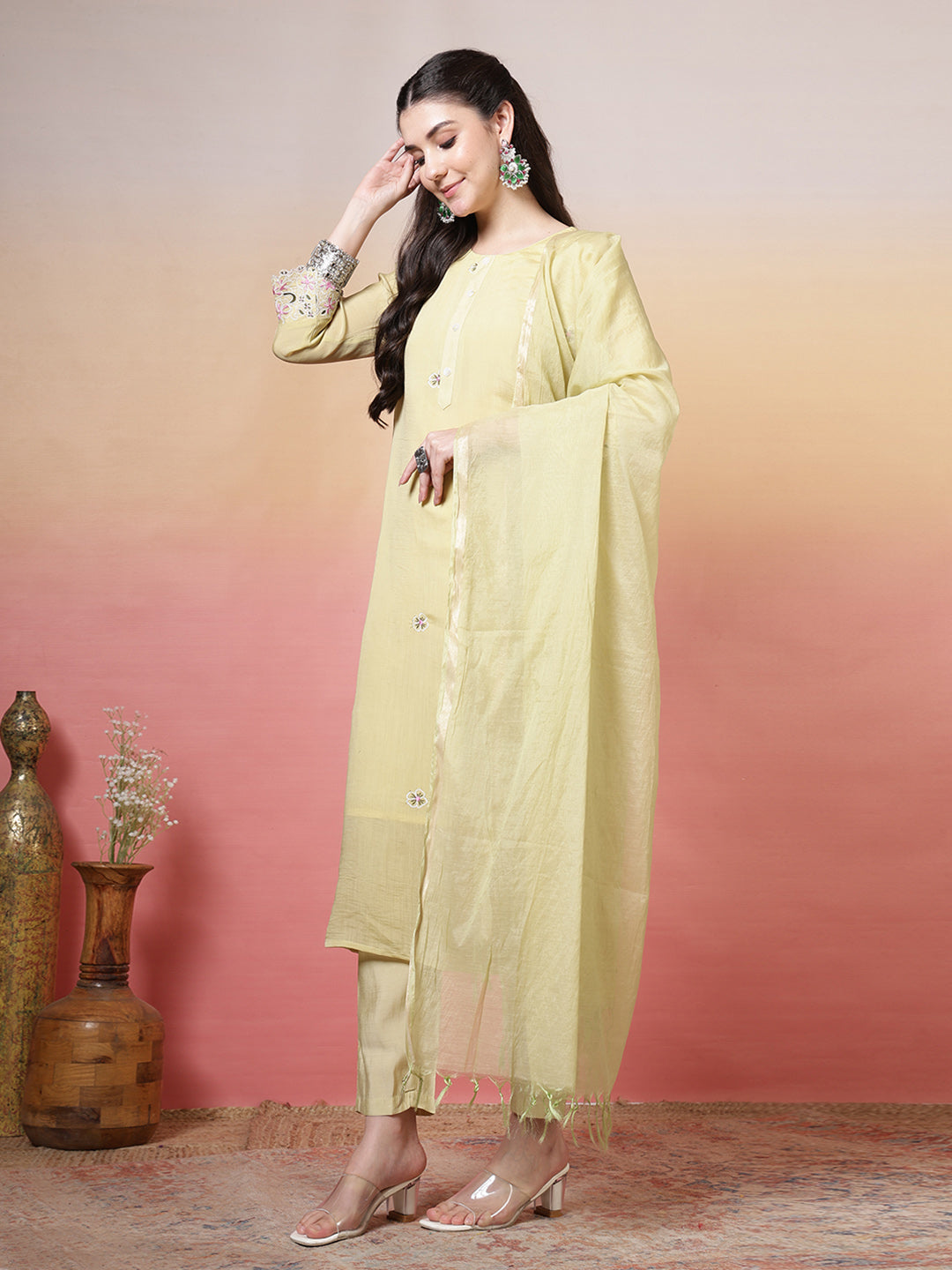Plain Cotton Kurta With Pant &amp; Dupatta