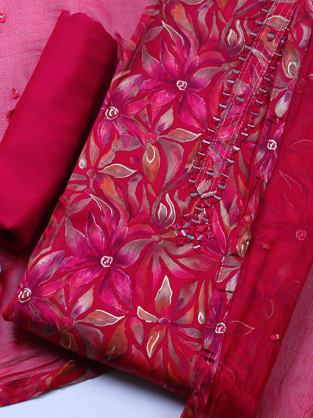 Embroidered Cotton Blend Unstitched Suit With Pant &amp; Dupatta