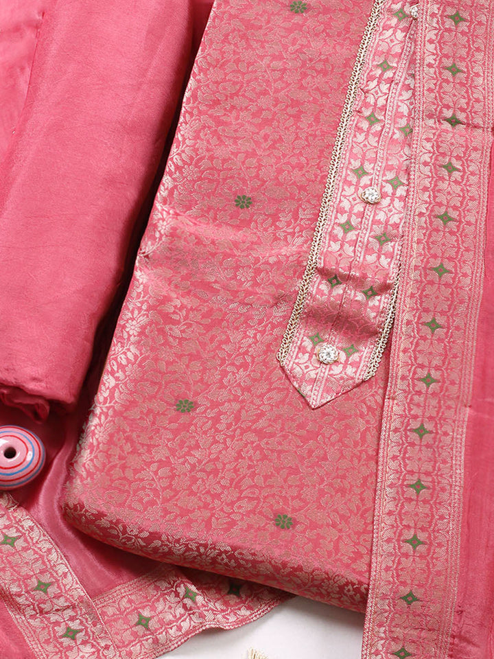 Embroidered Chanderi Unstitched Suit With Pant &amp; Dupatta