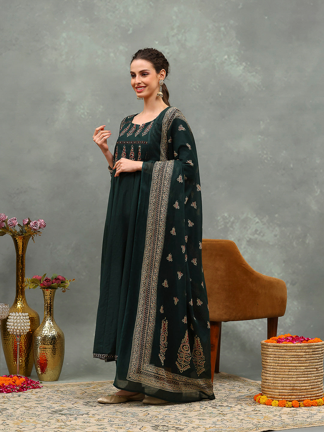 Embroidered Cotton Kurta With Pants &amp; Dupatta