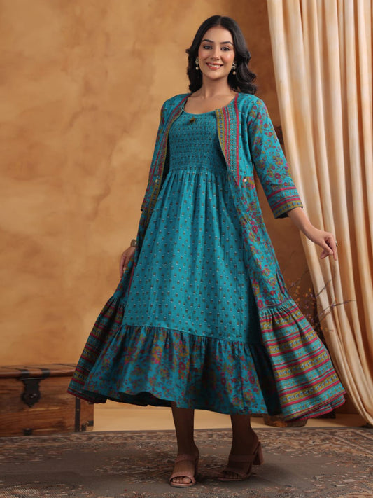 Digital Printed Cotton Blend Kurta & Cape