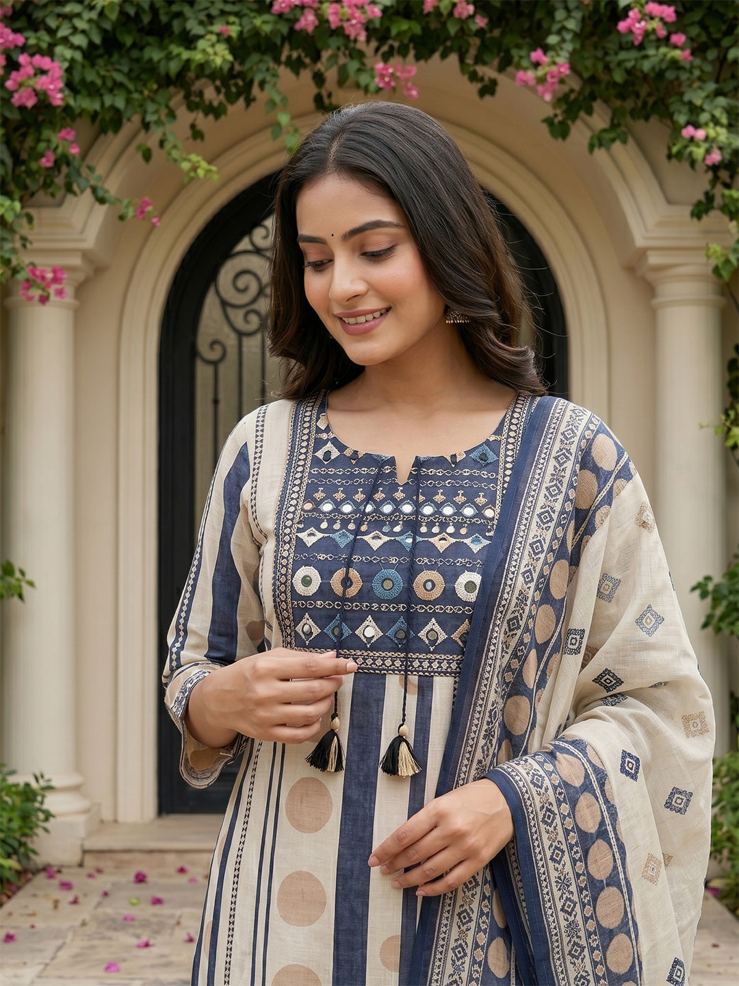 Embroidered Cotton Blend Kurta With Pant &amp; Dupatta