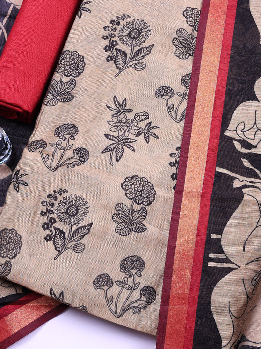 Printed Chanderi Unstitched Suit With Pant &amp; Dupatta