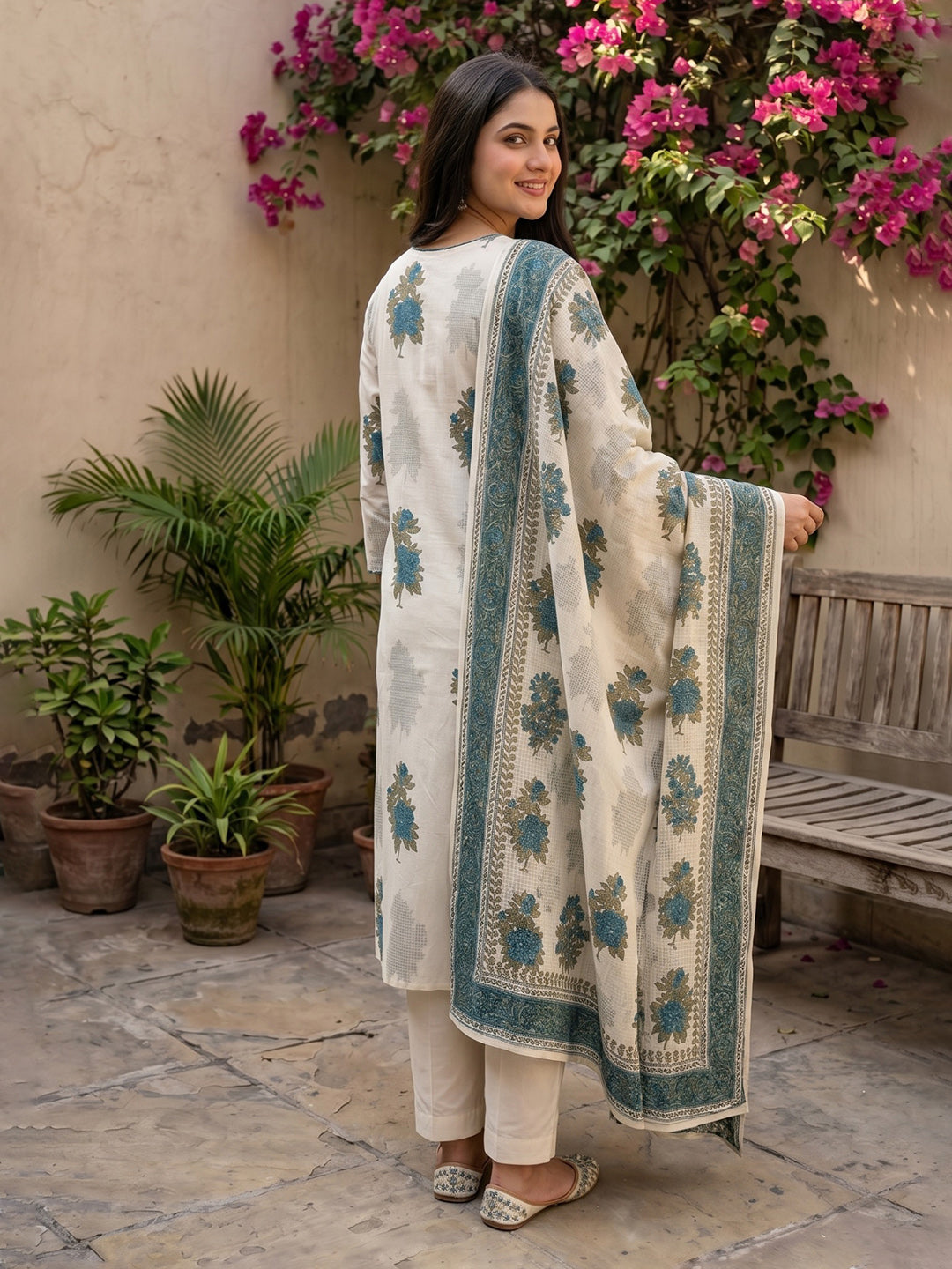 Teal Blue Embroidered Cotton Blend Straight V Neck Suit Set