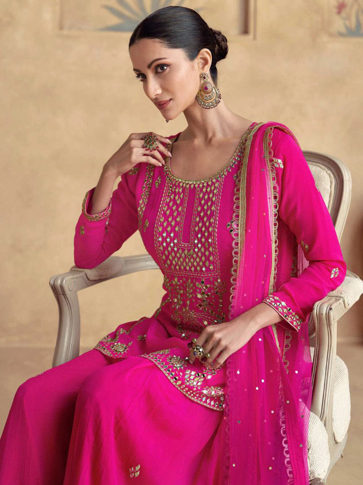 Embroidered Chinon Silk Kurti With Plazzo &amp; Dupatta