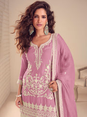 Embroidered Chinon Kurta With Plazzo & Dupatta