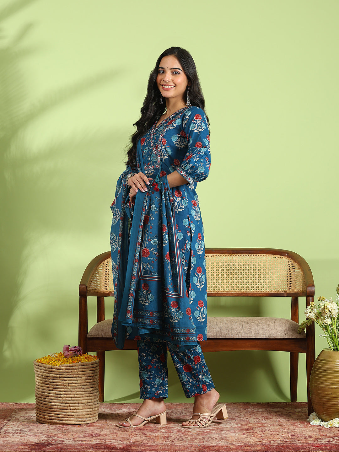 Printed Cotton Kurta With Pant &amp; Dupatta