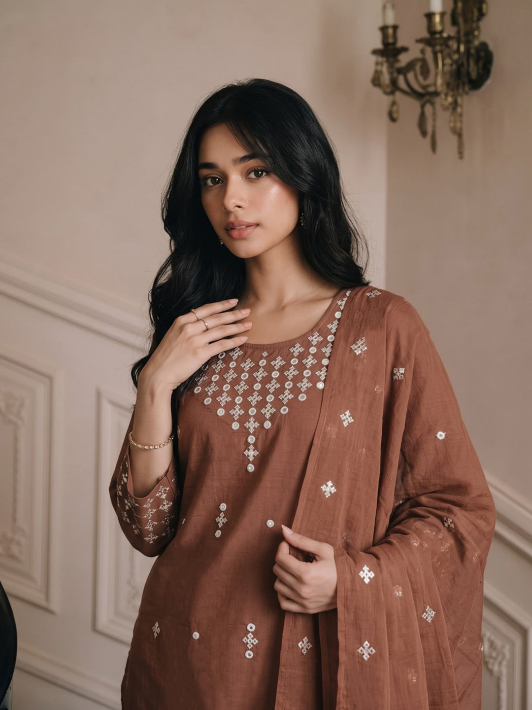 Brown Printed Cotton Blend Kurta With Pant &amp; Dupatta