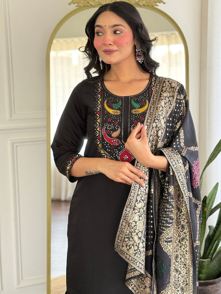 Printed Art Silk Kurta With Pants &amp; Dupatta