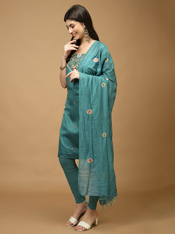 Neck Embroidered Cotton Blend Unstitched Suit Piece With Dupatta