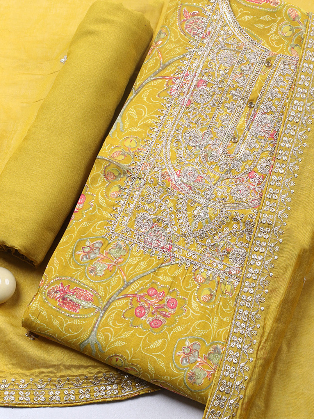 Printed Cotton Blend Unstitched Suit With Pant &amp; Dupatta