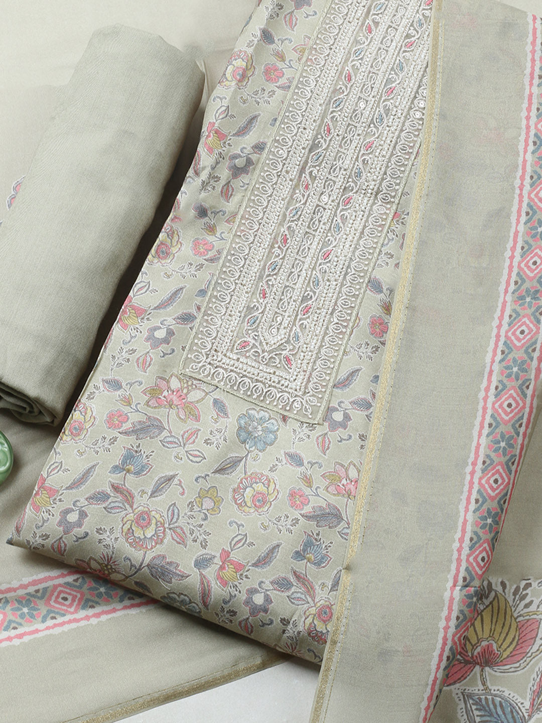 Embroidered Muslin Unstitched Suit With Pant &amp; Dupatta