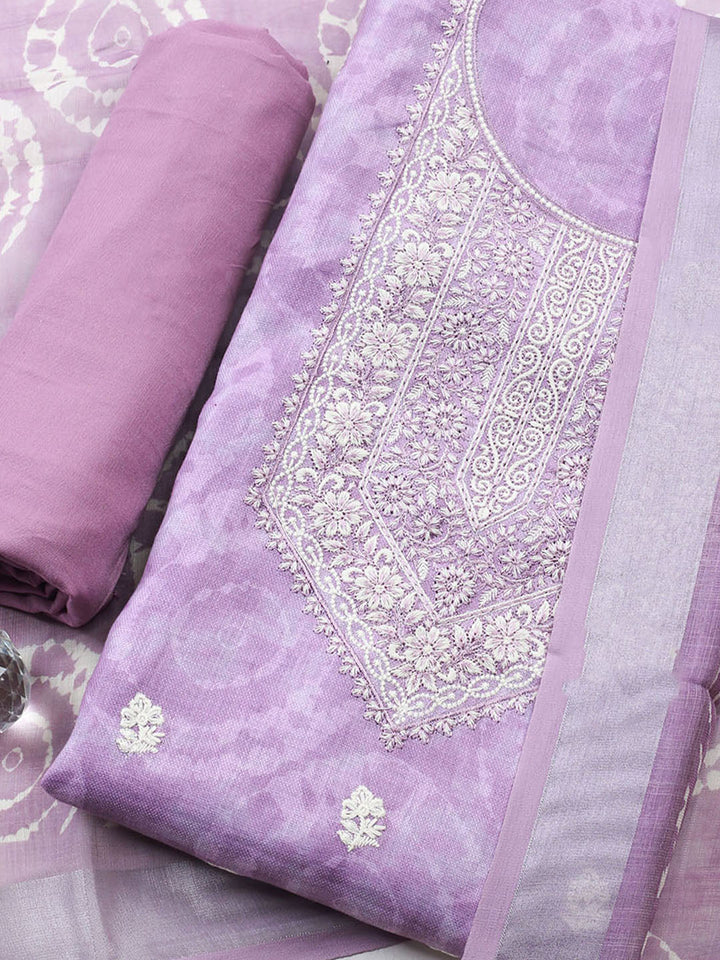 Embroidered Linen Blend Unstitched Suit With Pant Dupatta
