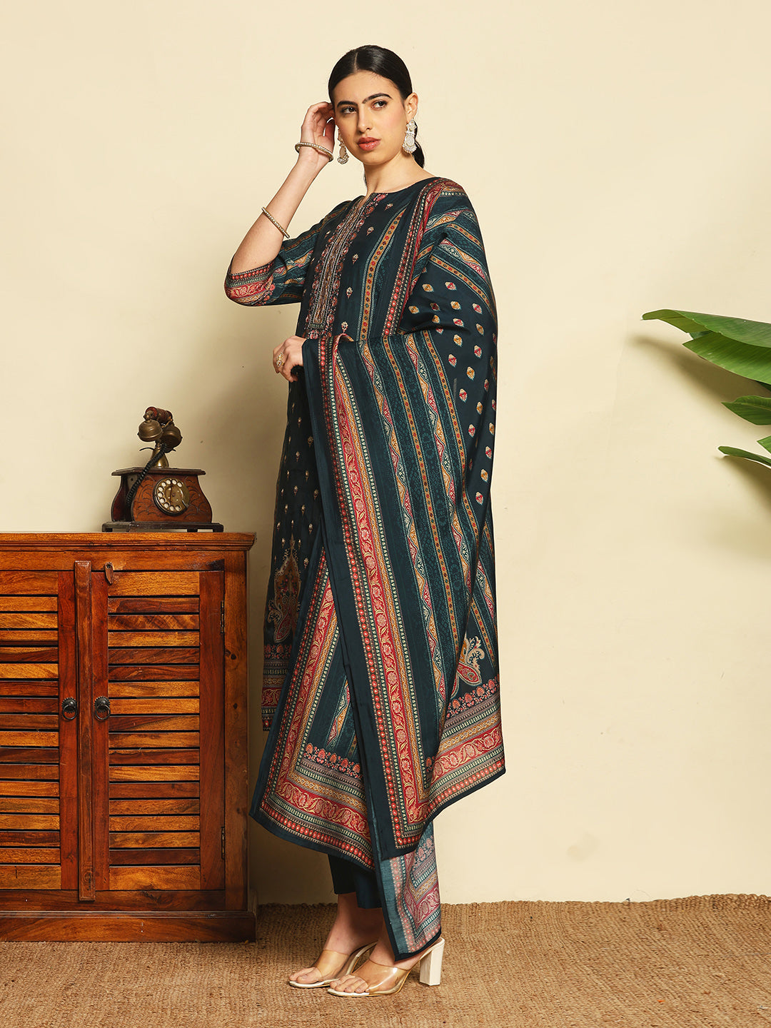 Printed Cotton Blend Kurta With Pants &amp; Dupatta