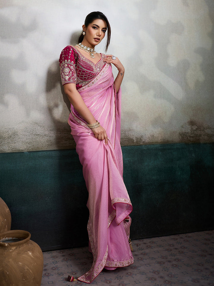 Embroidered Satin Saree With Readymade Blouse