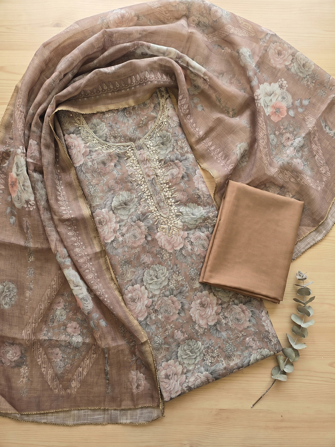 Embroidered Chanderi Unstitched Suit With Pant &amp; Dupatta
