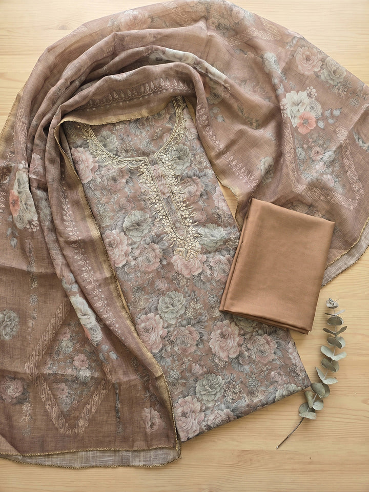 Embroidered Chanderi Unstitched Suit With Pant &amp; Dupatta
