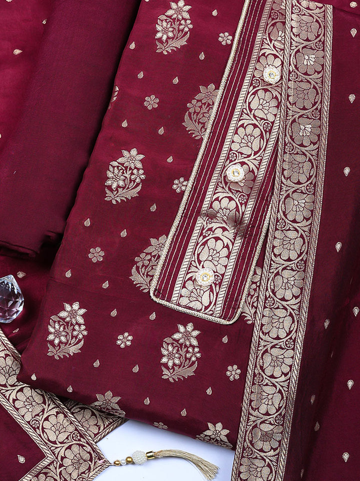 Embroidered Chanderi Unstitched Suit With Pant &amp; Dupatta