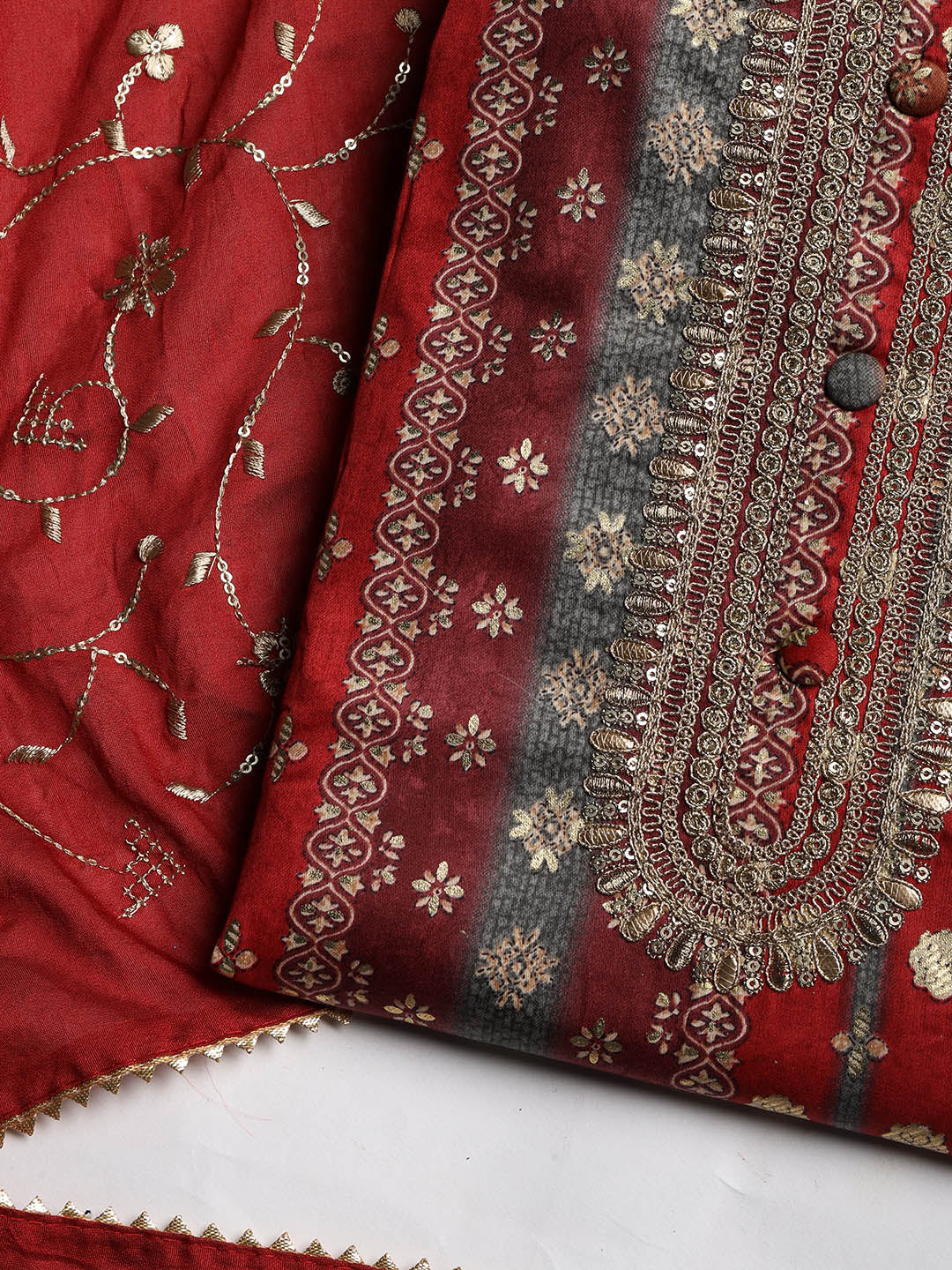 Neck Embroidered Cotton Blend Unstitched Suit With Dupatta