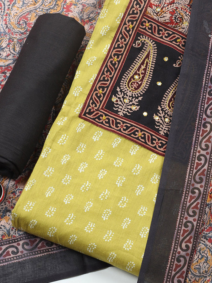 Printed Cotton Blend Unstitched Suit With Pant &amp; Dupatta