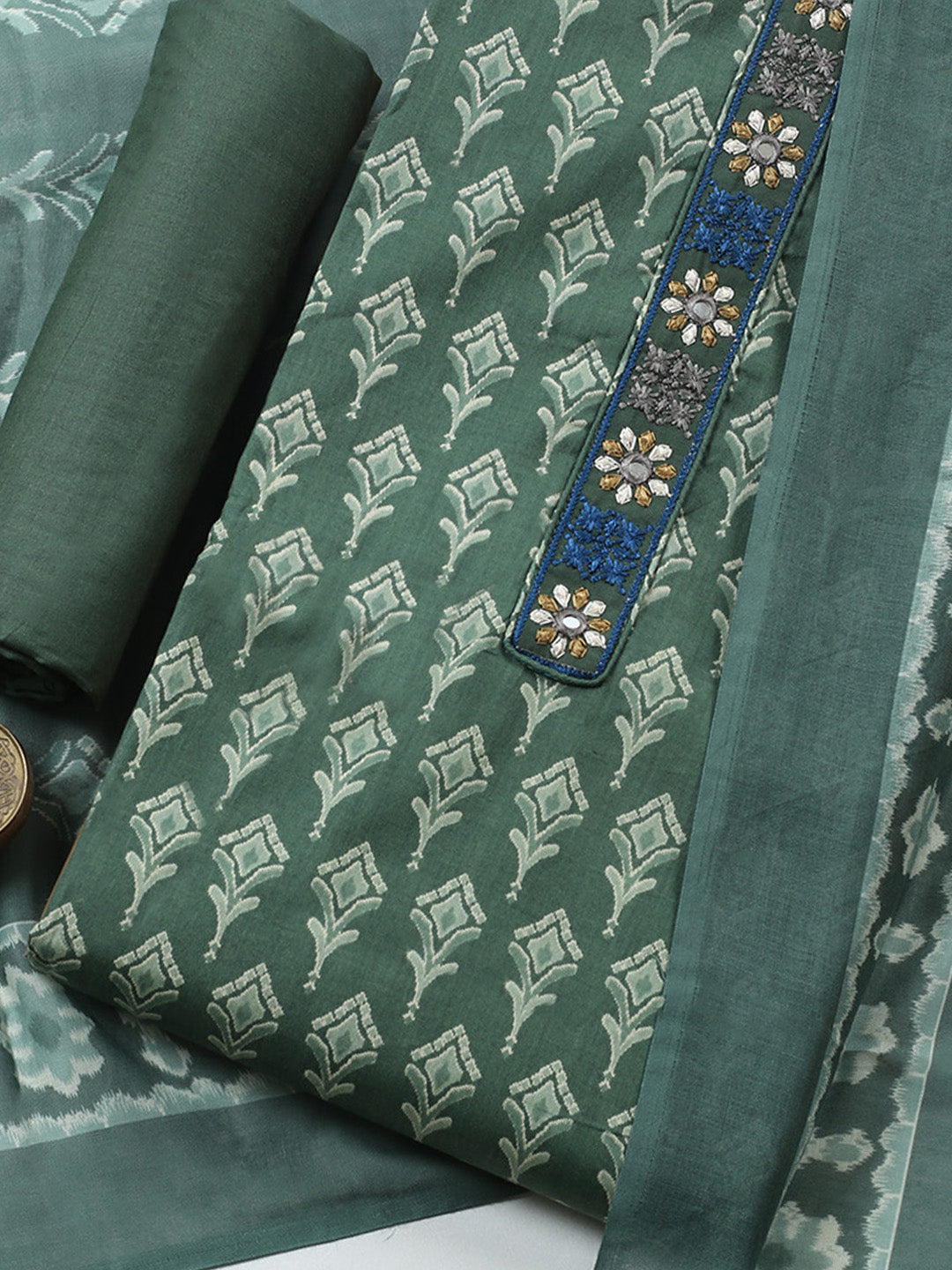 Embroidered Cotton Blend Unstitched Suit With Pant &amp; Dupatta