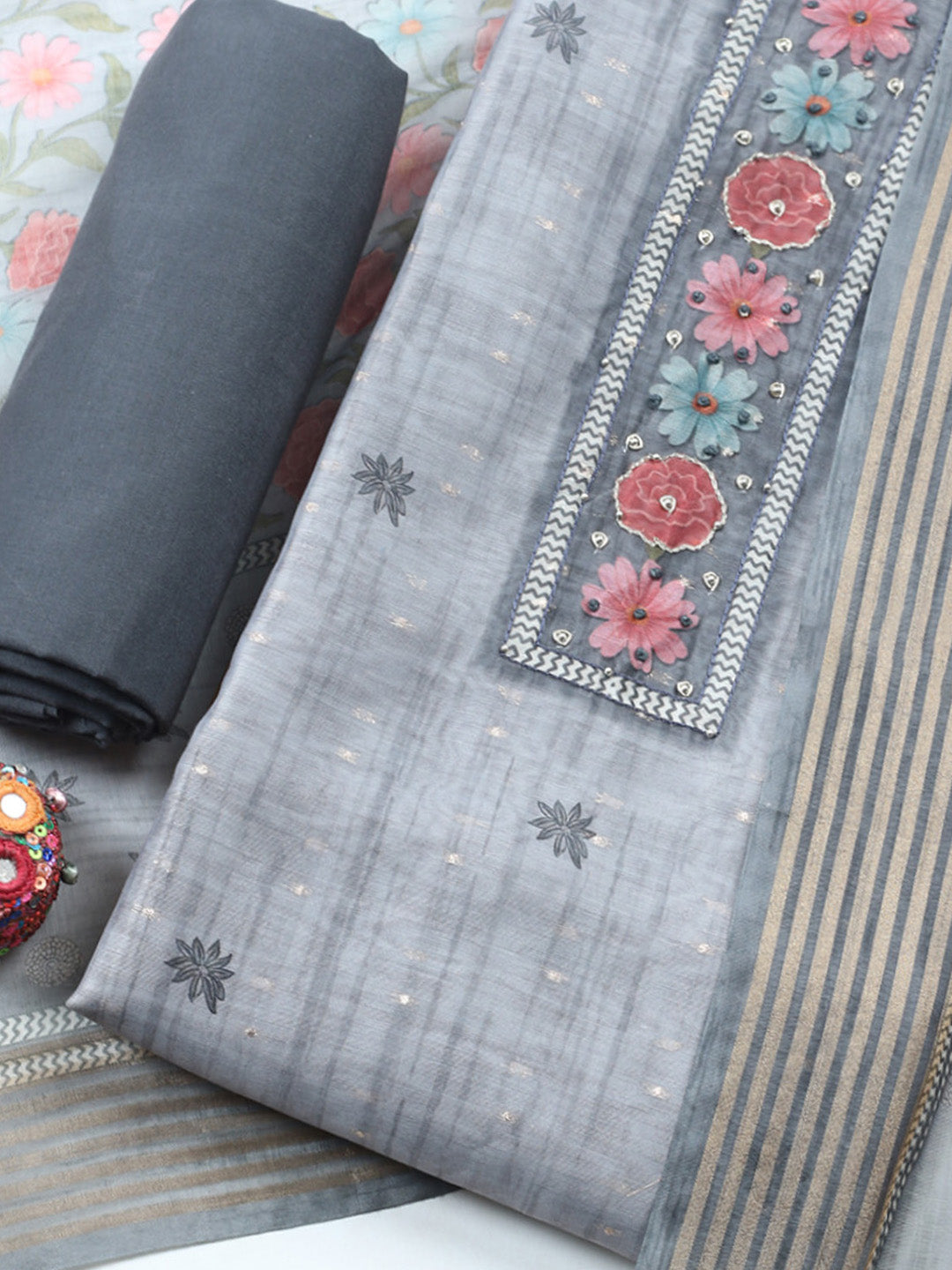 Embroidered Cotton Blend Unstitched Suit With Pant &amp; Dupatta