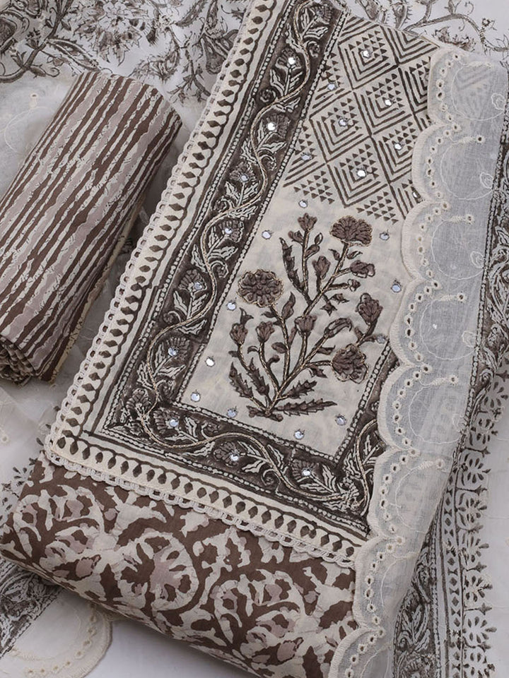 Printed Cotton Blend Unstitched Suit With Dupatta