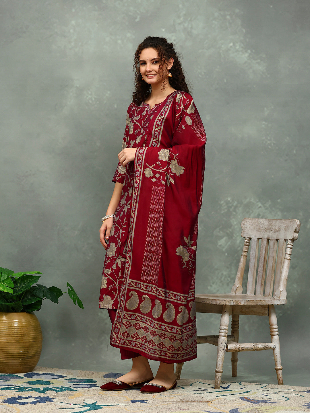 Printed Cotton Blend Kurta With Pants & Dupatta