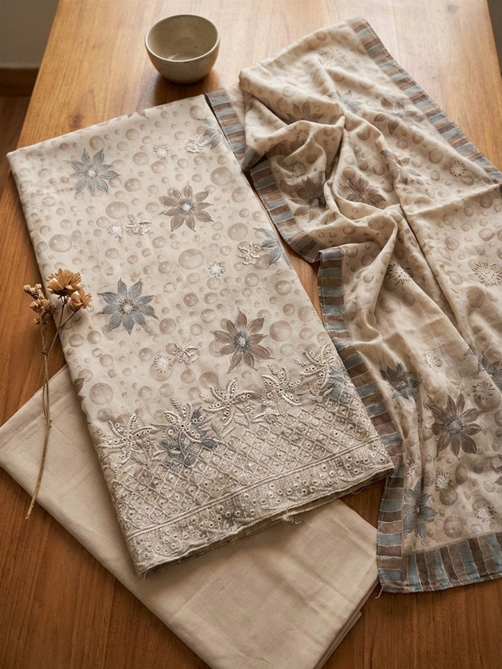Printed Cotton Blend Unstitched Suit With Pant &amp; Dupatta