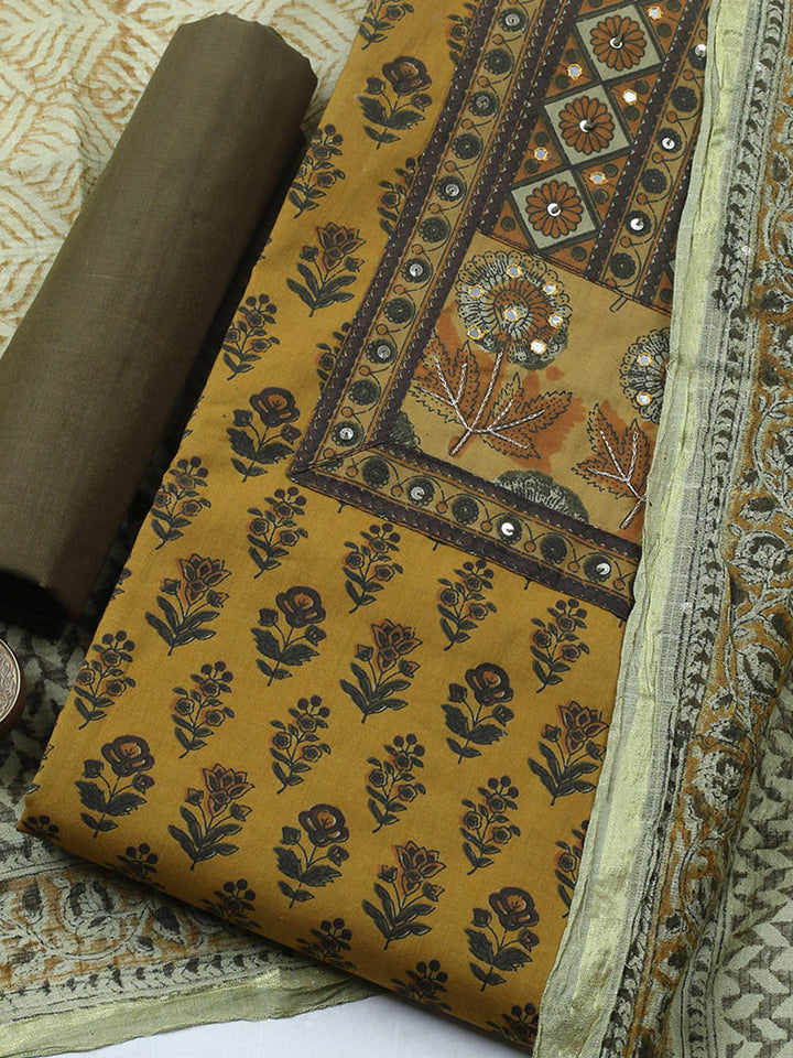 Printed Cotton Blend Unstitched Suit With Pant &amp; Dupatta