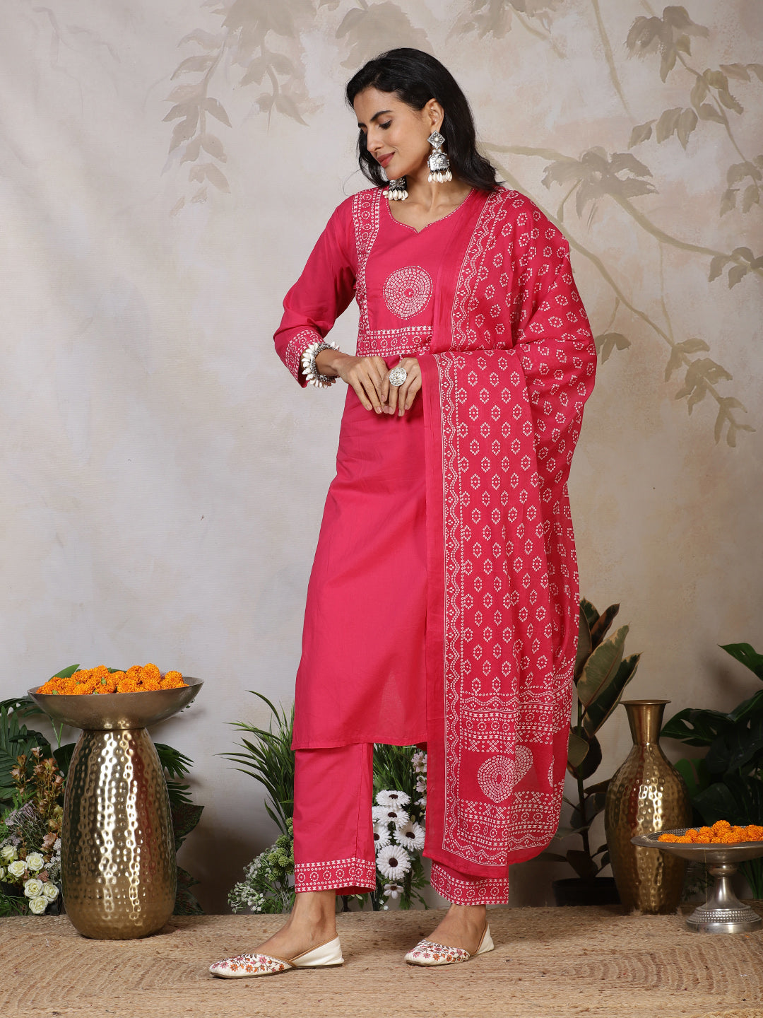 Printed Cotton Blend Kurta With Pants & Dupatta