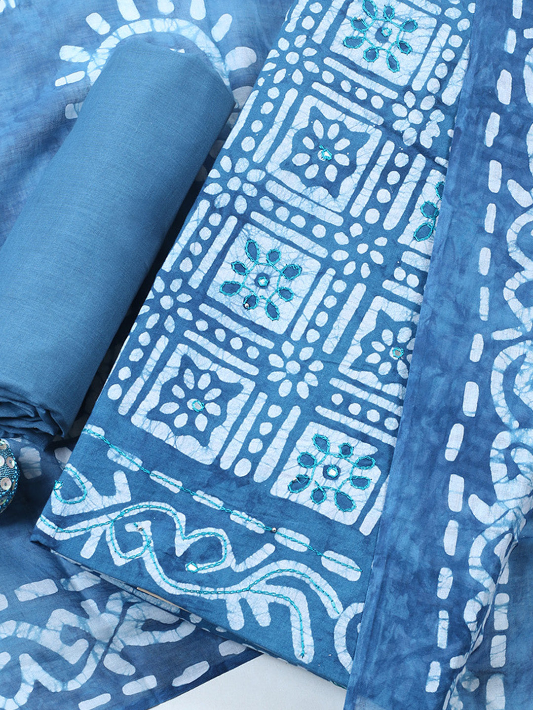 Embroidered Cotton Blend Unstitched Suit With Pant &amp; Dupatta